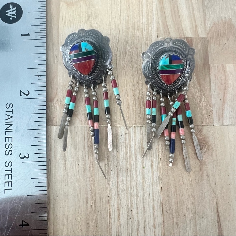 QT Sterling silver Native American dangle fringe Southwestern earrings on posts - Picture 9 of 10
